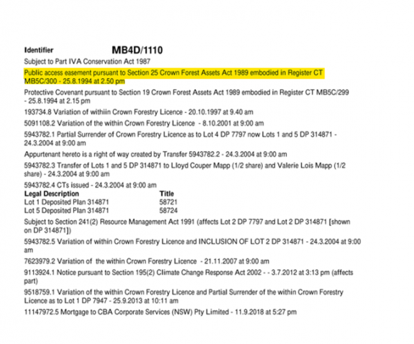 Appendix B: Example of record of title for Crown Forestry Licence with PAE  highlighted yellow