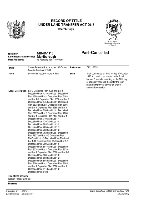 Appendix B: Example of record of title for Crown Forestry Licence with PAE  highlighted yellow