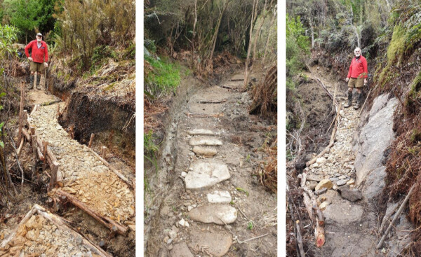 Three photos of Arthur building tracks in various stages of construction.