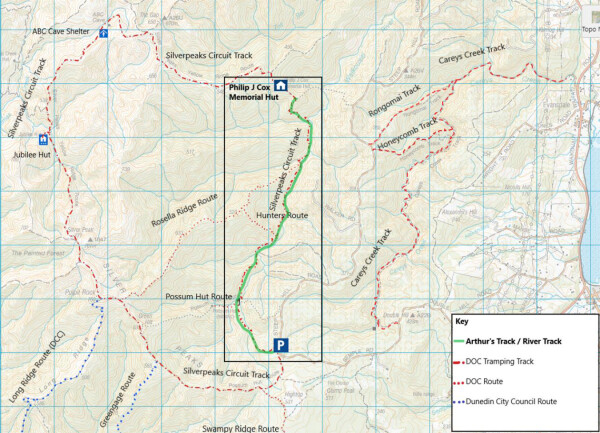 Map of the Silverpeaks Track and Arthur's Track / River Track