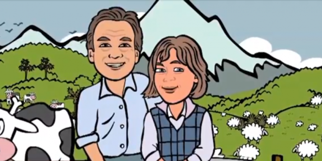 Asking Nicely, cartoon farmers and cow