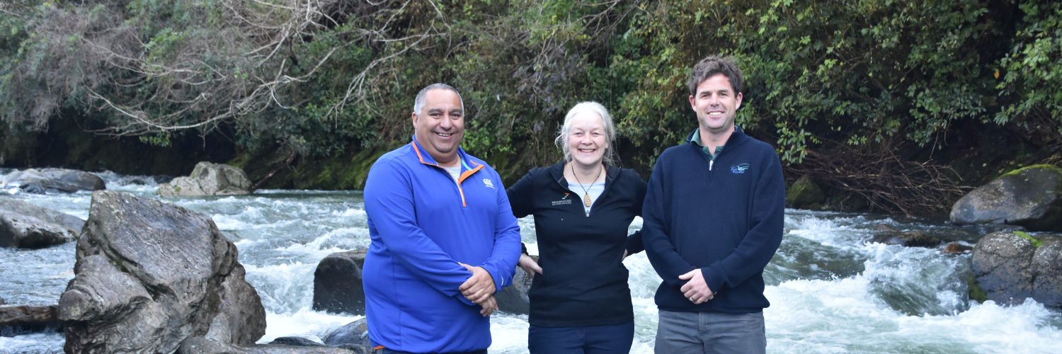 asman Community Board member Brent Maru, New Zealand Walking Access Commission regional field advisor Penny Wardle and Jacob Lucas of Fish & Game beside the Riuwaka River