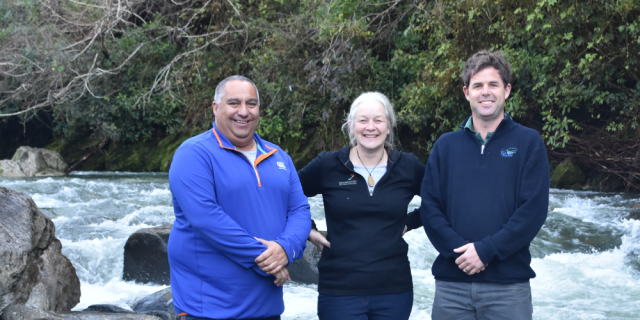 asman Community Board member Brent Maru, New Zealand Walking Access Commission regional field advisor Penny Wardle and Jacob Lucas of Fish & Game beside the Riuwaka River