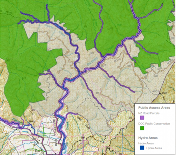 Map 2: Unformed legal road riparian access (e.g. Bartletts)