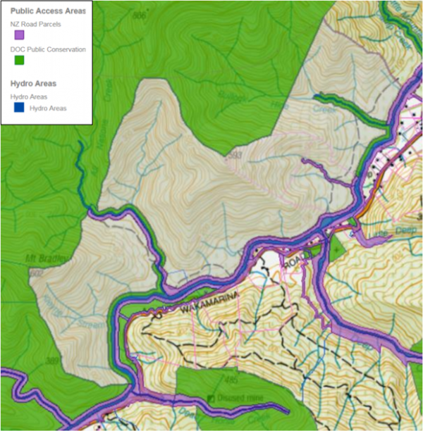 Map 3: Marginal strip riparian access (green alongside waterways) (e.g. Wilsons Construction, OneFortyOne Plantations, shaded grey)