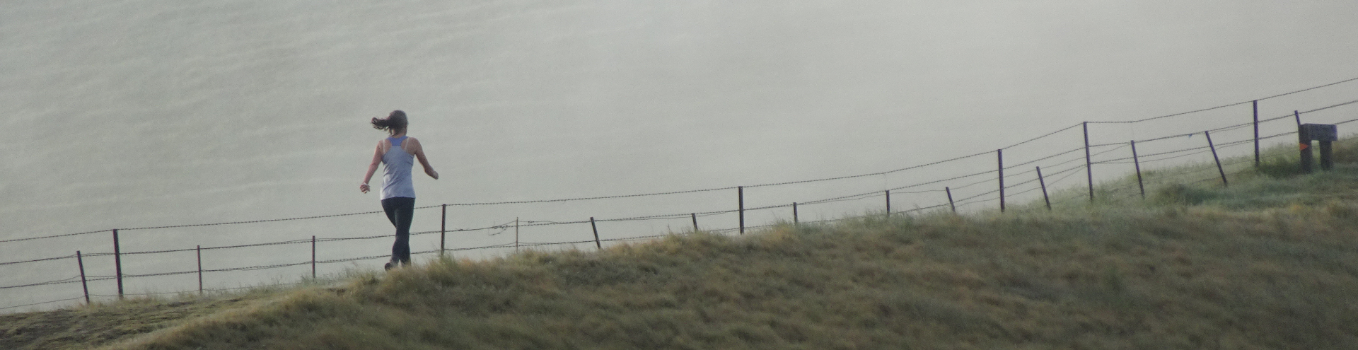 A walker striding along the ridge of hilly, misty farmland in Marlborough 