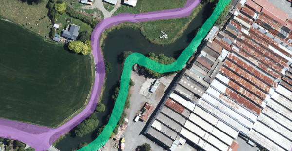 A satellite view of a river with access highlighted to either side.