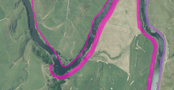 A satellite view of a river with access highlighted to either side.