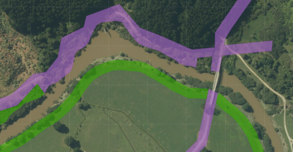 A satellite view of a river with access strips highlighted on either side